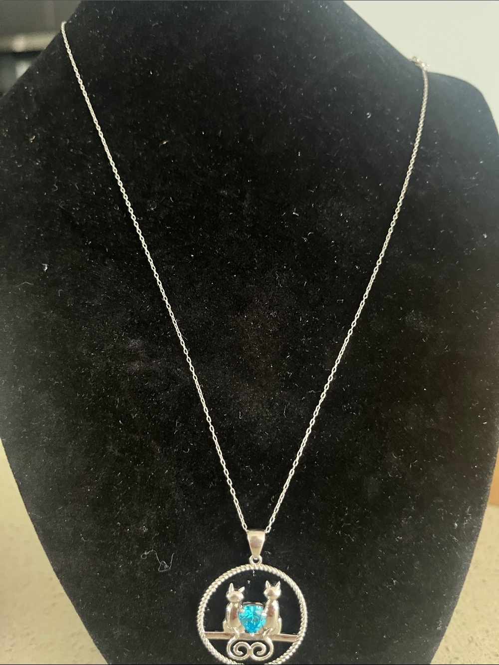 Silver Cat Pendant Necklace with Blue Crystal 925